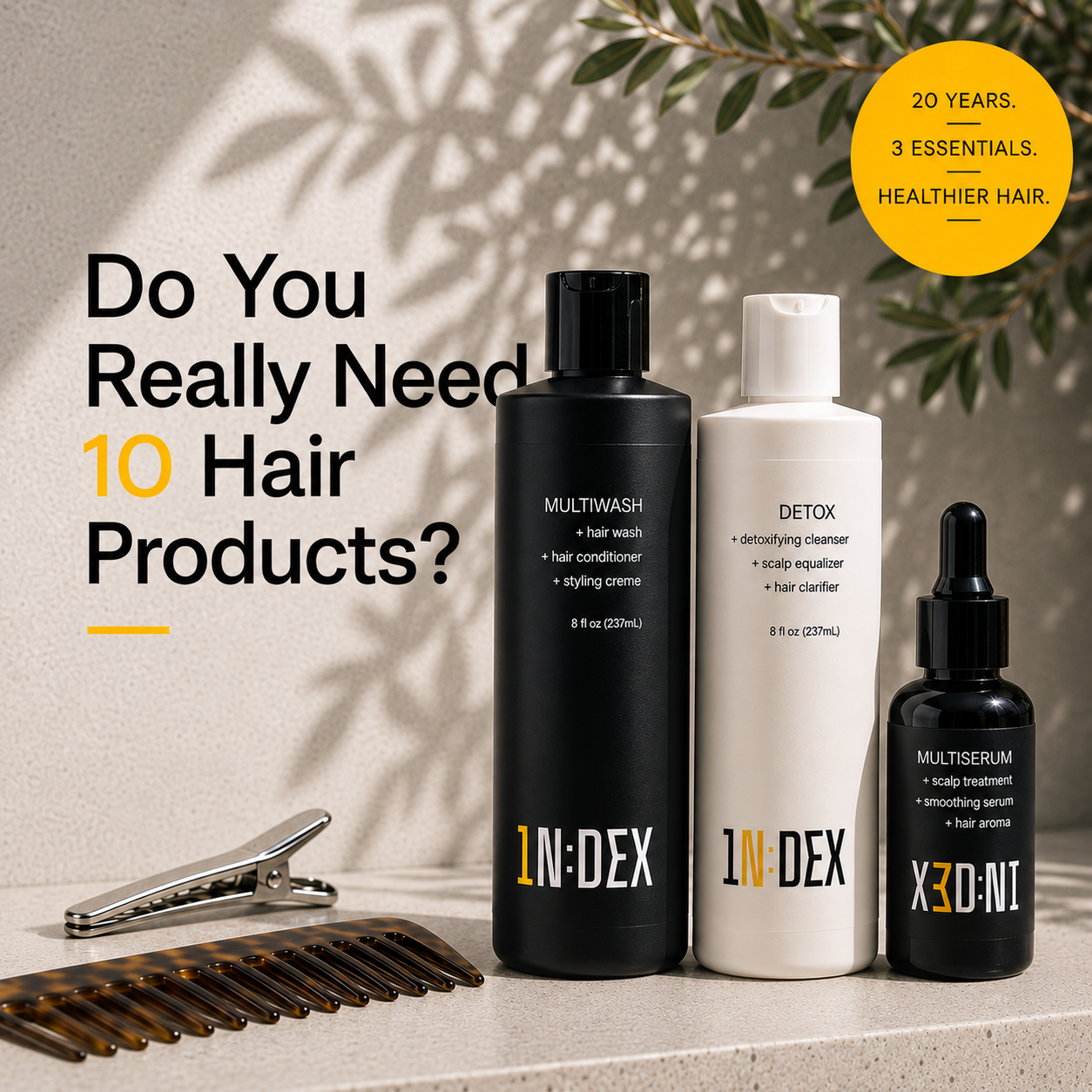 Index By Dex minimalist haircare routine featuring Multiwash, Detox, and Multiserum products on a bathroom counter.